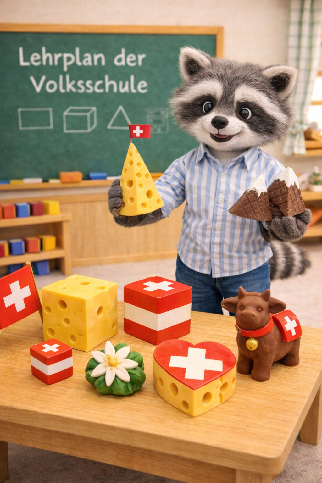 Waschbär-Maskottchen mit Schweizer Geometrie-Lehrplanunterlagen