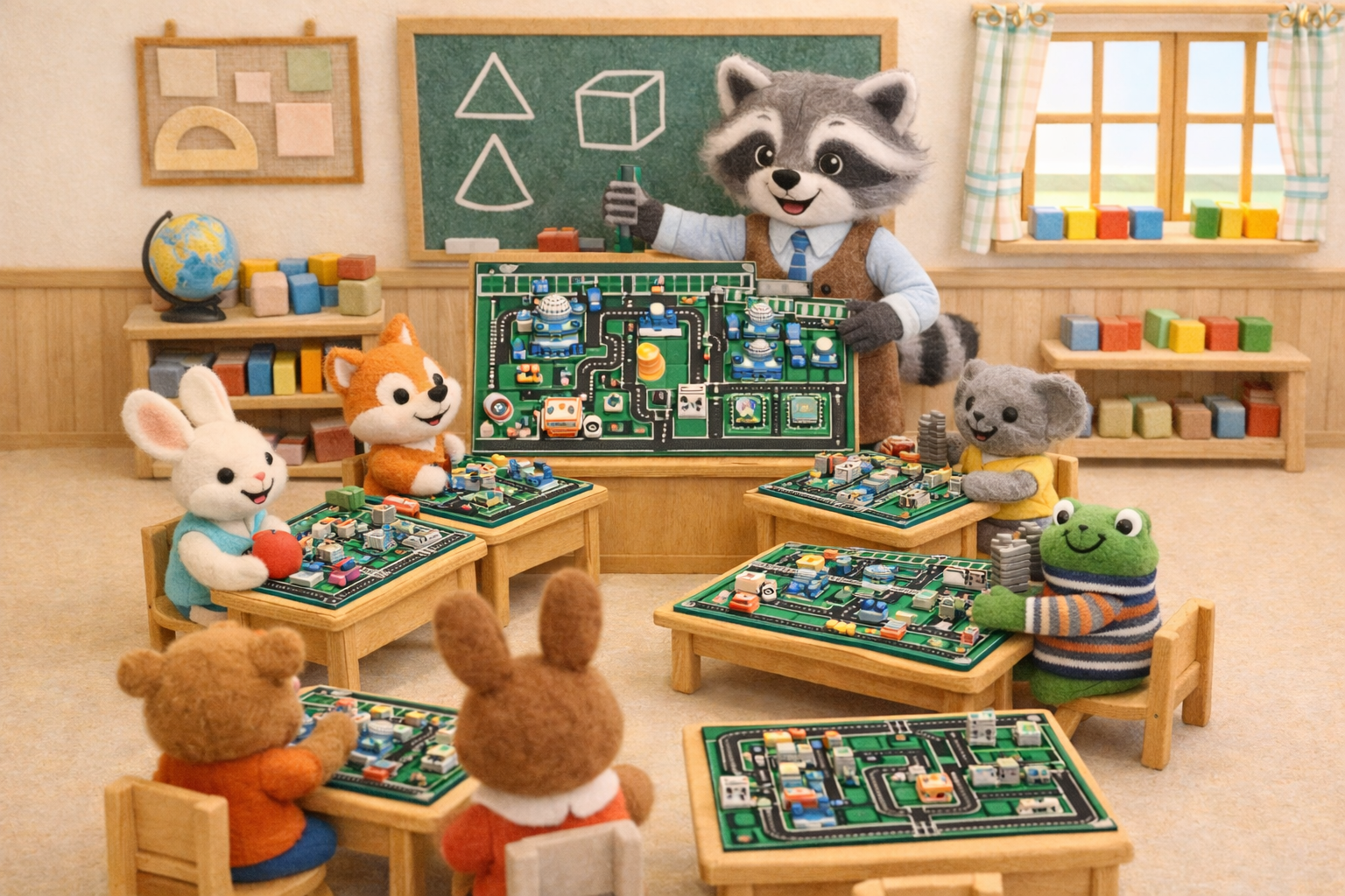 Waschbär mit 3D-Drucker und geometrischen Körpern